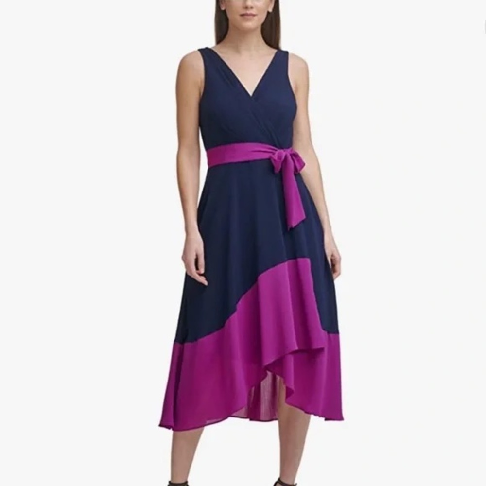 DKNY Navy and Magenta High-Low Wrap Dress